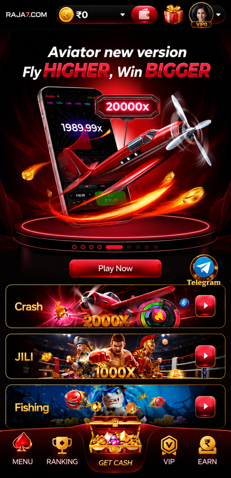 IS7 Game home screen featuring the Aviator game, Crash, JILI, and Fishing games with a Play Now button, Get Cash section, VIP rewards, and navigation menu.