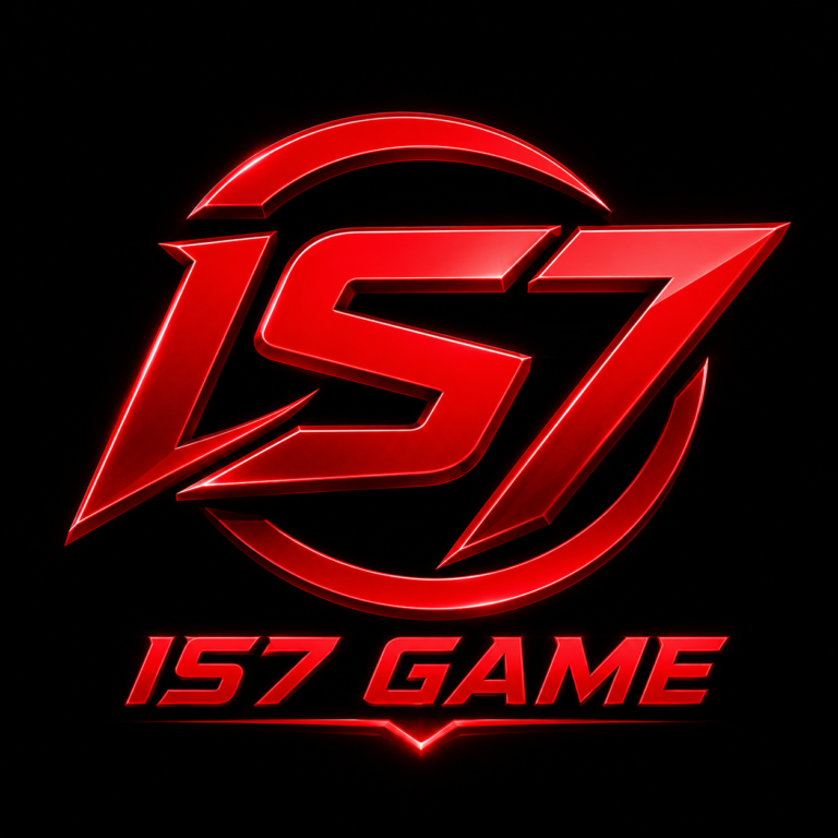 IS7 Game red futuristic logo with glowing metallic IS7 lettering inside a circular emblem on a black background.